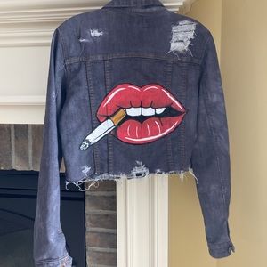 FABULOUS Hand Painted Upcycled Jean Jacket in Size Large. Distressed w/Studs.